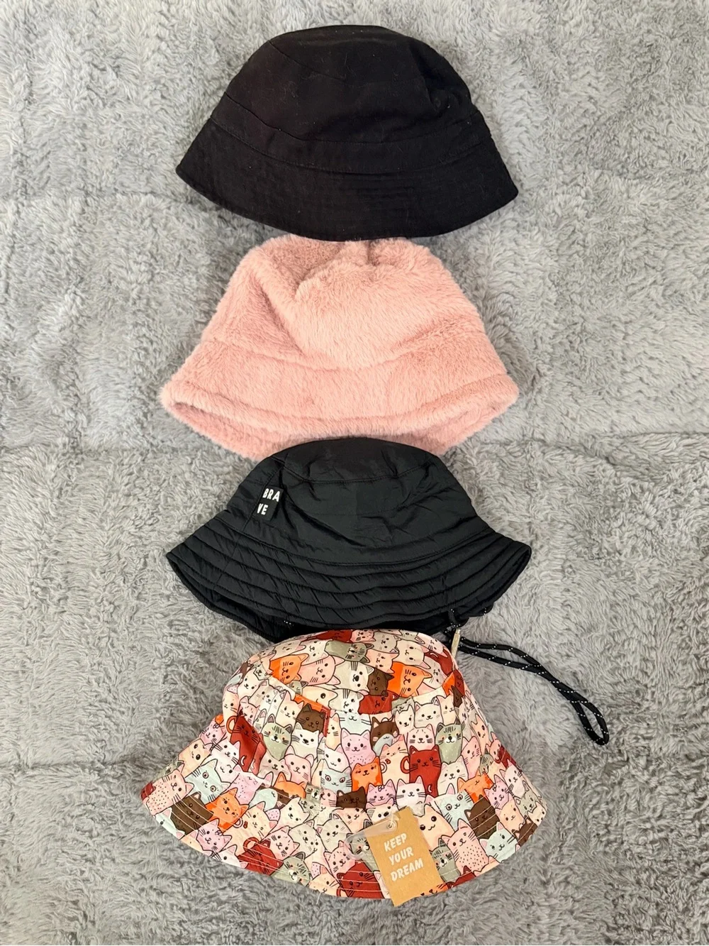 Set of 4 Bucket Hats - Black, Pink, Printed Cat